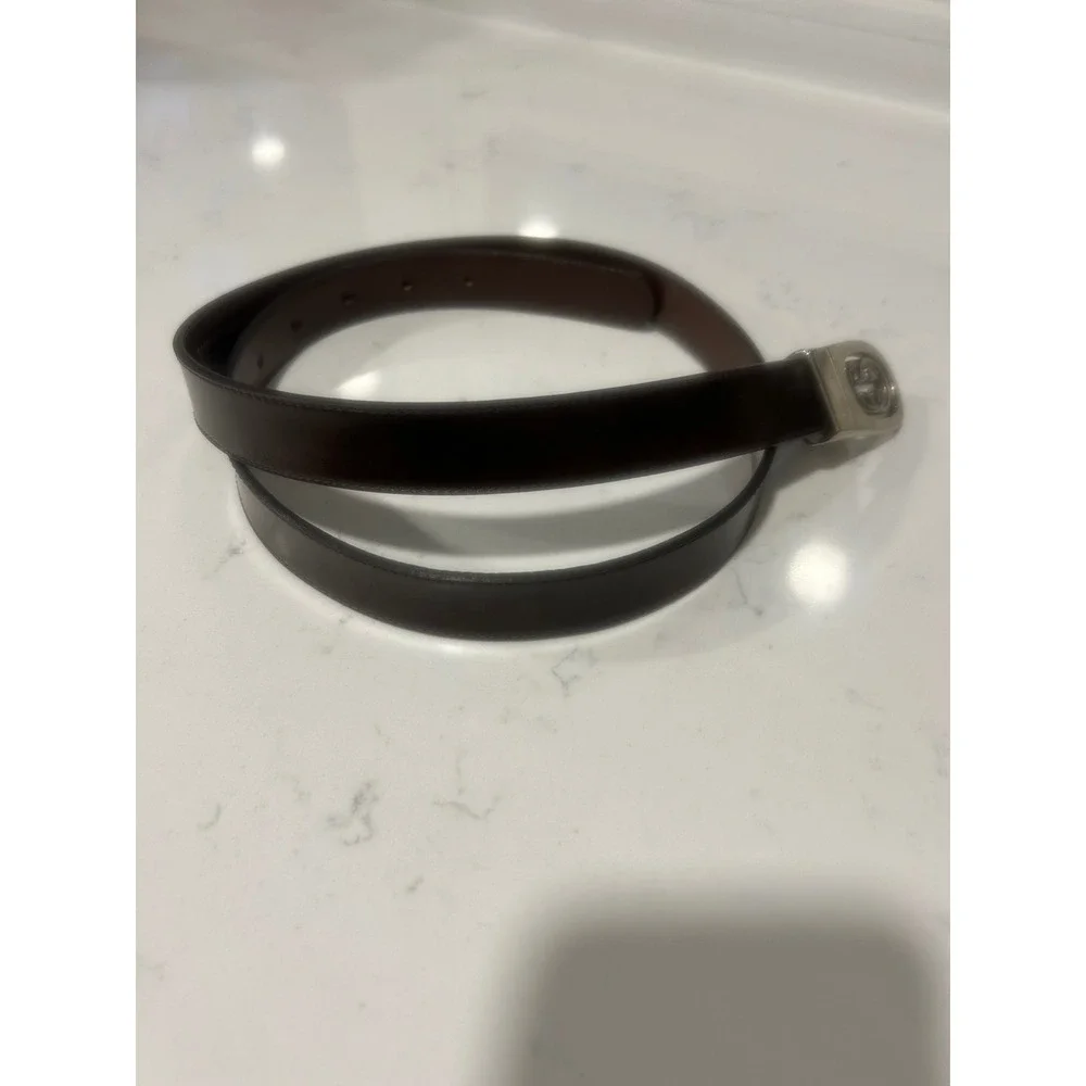 Vintage Gucci Parfums Brown Leather Belt Silver Interlocking GG Buckle 38/95